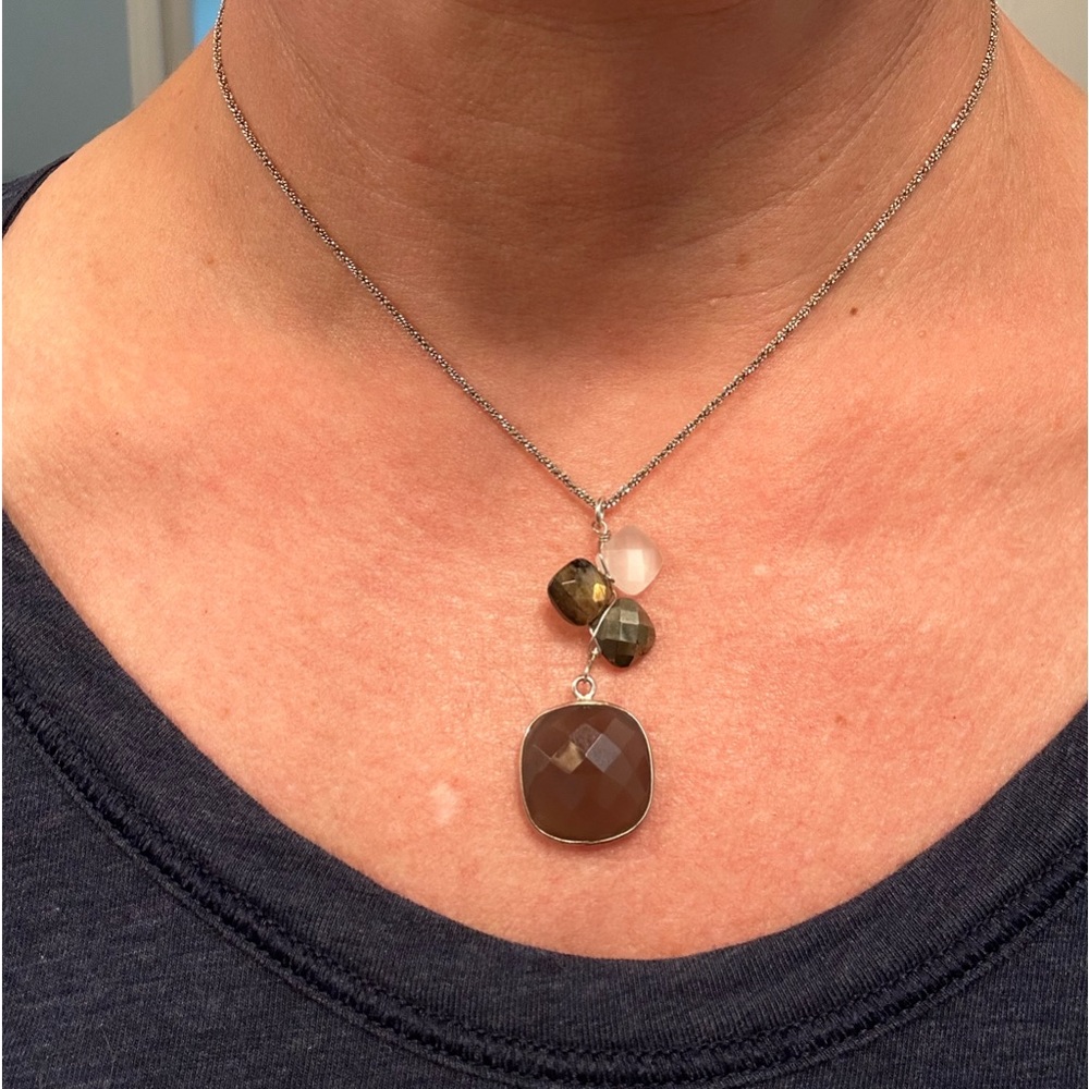 Anna Balkan stamped necklace with smokey quartz & quartz gem stones.